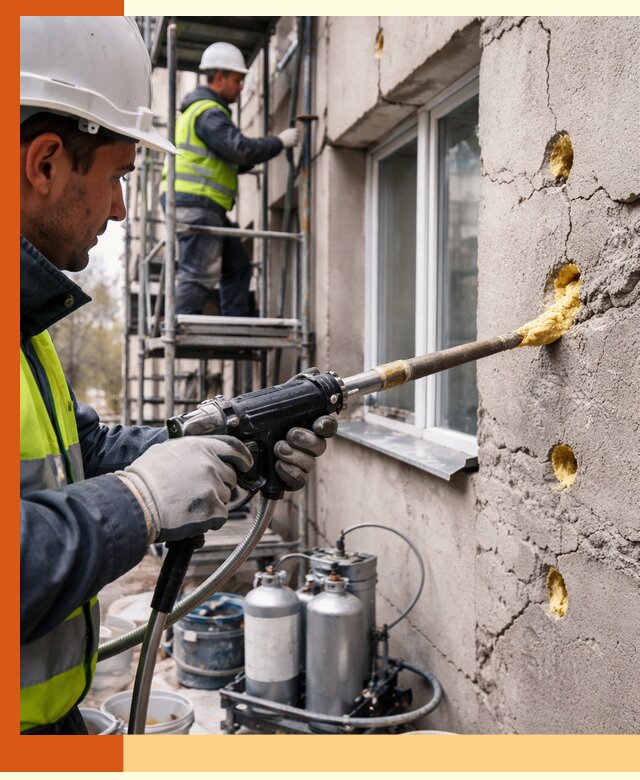 Заполнение пустот в фасаде и утепление стен в Сорочинске